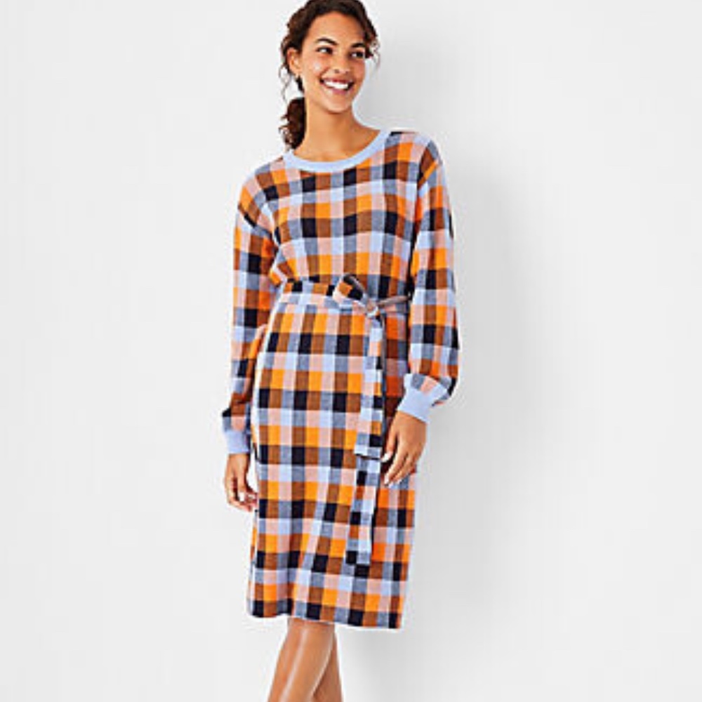 Plaid Tie Waist Sweater Shift Dress